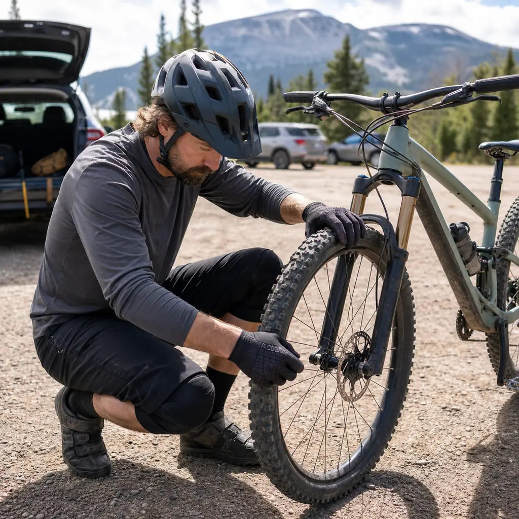 Realistic editorial photo of an adult cyclist pressing a bicycle tire, squeezing a brake lever, and checking a quick rel