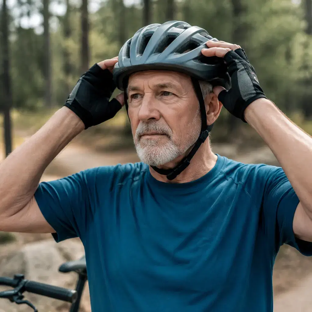 Realistic editorial portrait of an older American cyclist adjusting a level bicycle helmet with V-shaped ear straps and 