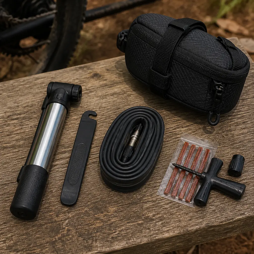 Realistic editorial flat lay of a compact bicycle pump, tire lever, spare tube, and tubeless plug kit beside a small und