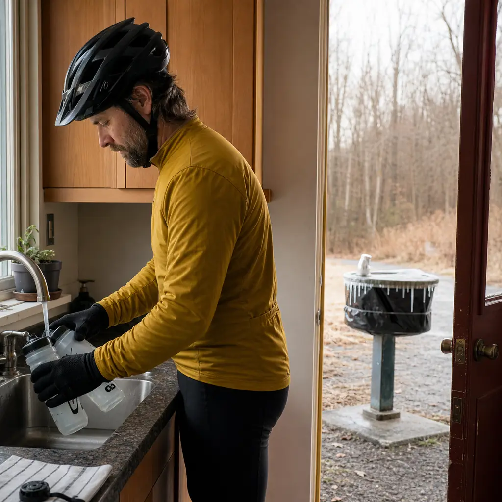 Realistic editorial photo of a cyclist filling two bicycle bottles at home while a nearby trailhead drinking fountain di