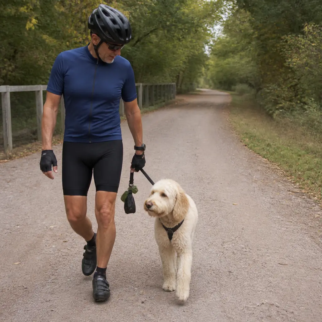 Realistic editorial photo of a cyclist walking beside a calm leashed dog held close at the edge of a wide rail-trail, wa