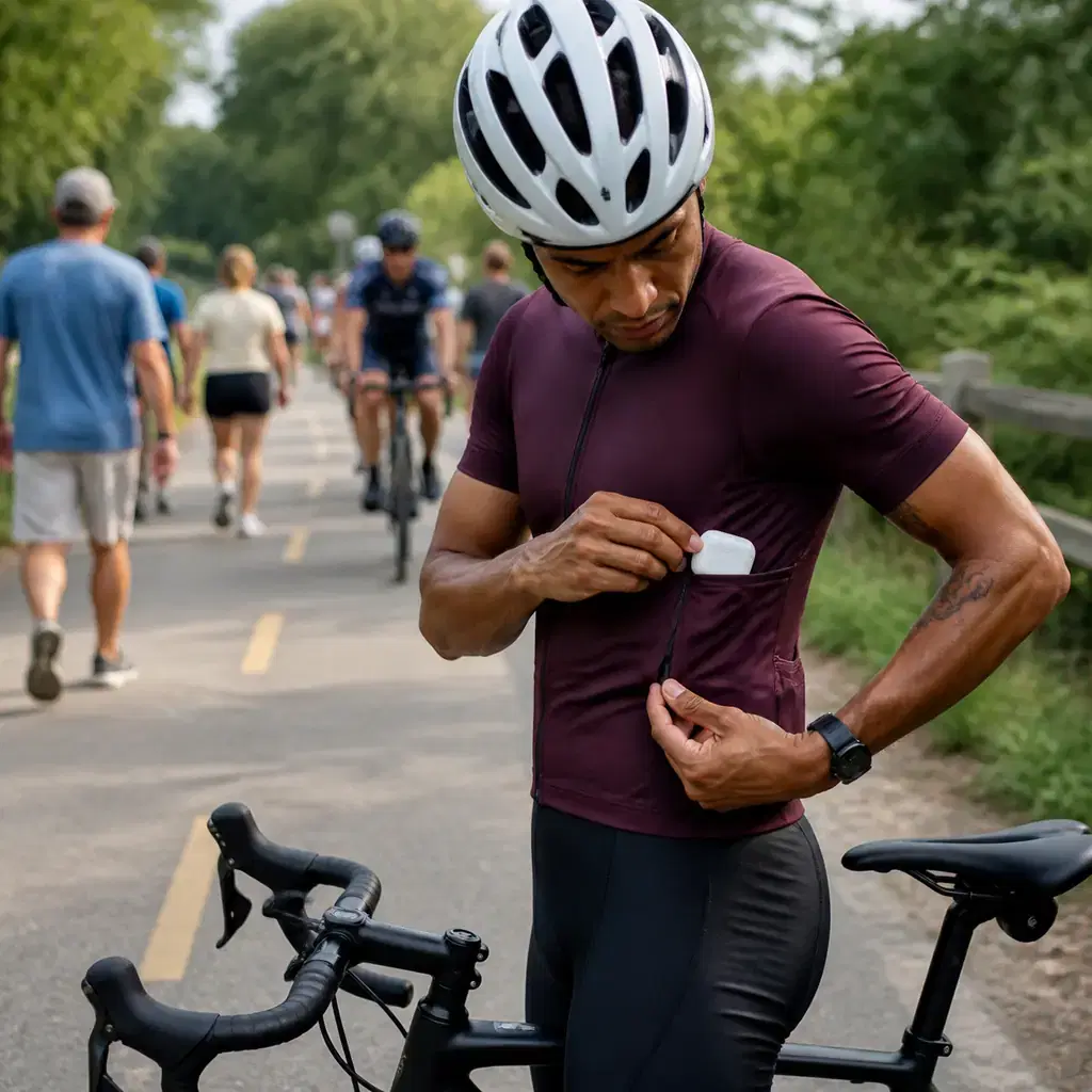 Realistic editorial photo of a cyclist placing wireless earbuds into a jersey pocket before entering a busy shared trail