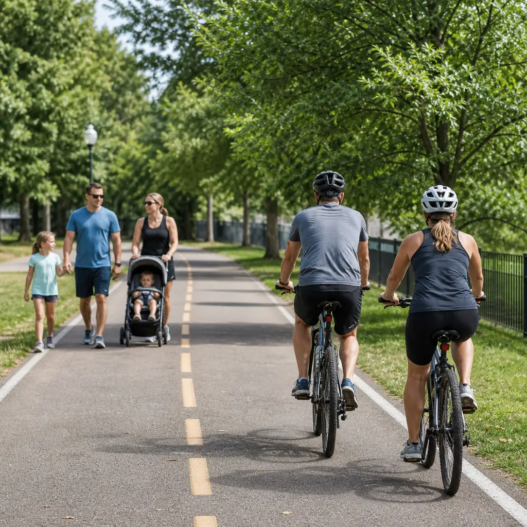 Realistic editorial photo of two adult cyclists riding predictably on the right half of a marked American shared-use pat