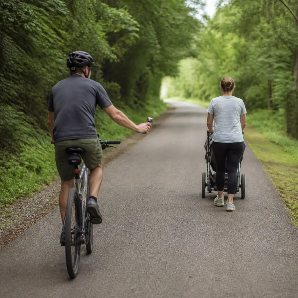 Realistic editorial photo of a cyclist ringing a small handlebar bell well behind a walker with a stroller on a broad gr