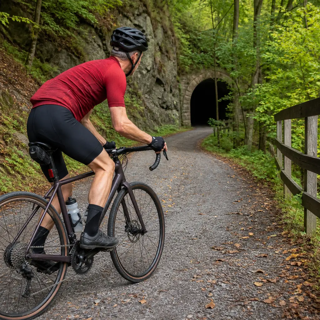 Realistic editorial action photo of a mature cyclist covering the brake levers and reducing speed before a wooded blind 