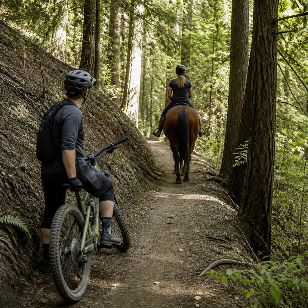 Realistic editorial photo of a mountain biker stopped calmly off the downhill side of a multi-use trail while a rider on