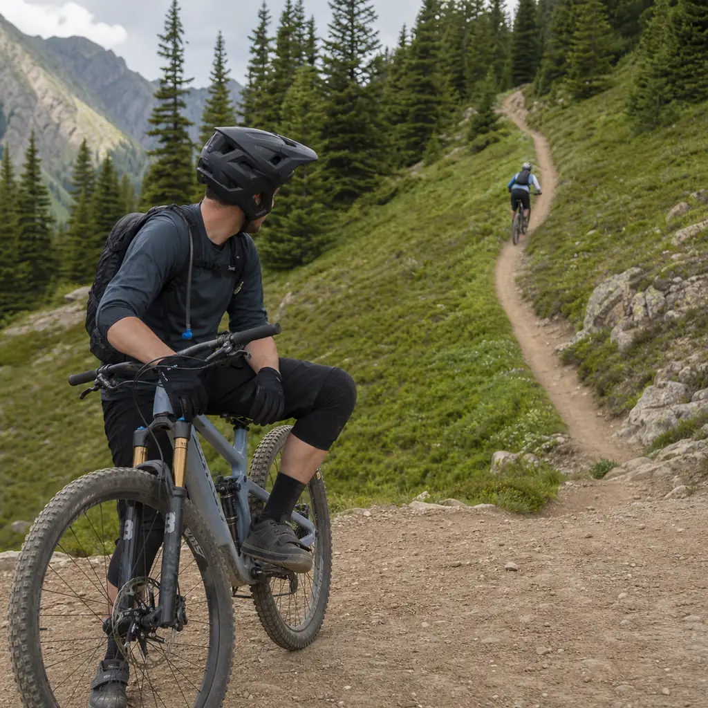 Realistic editorial photo of a descending mountain biker paused at a wide trail bench while an uphill cyclist continues 