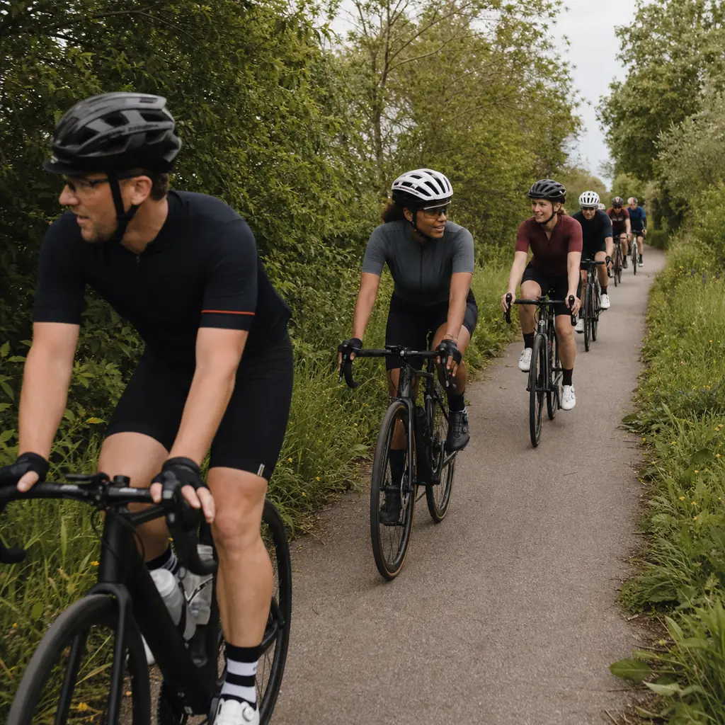 Realistic editorial photo of a social cycling group changing from side-by-side riding into a neat single line on a narro