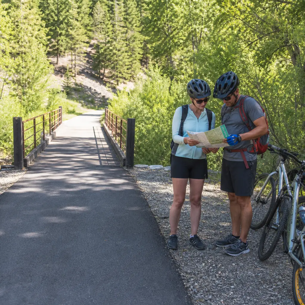 Realistic editorial photo of cyclists checking a map on a wide shoulder beyond a narrow trail bridge while the entire tr