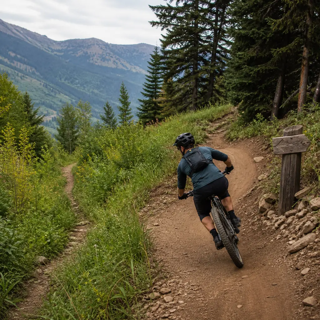Realistic editorial photo of a mountain biker following a signed switchback on established singletrack while an overgrow