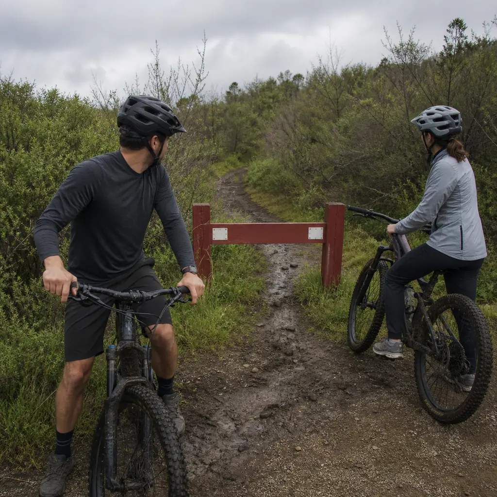 Realistic editorial photo of two cyclists calmly turning bicycles around at a fresh trail closure sign beside muddy natu