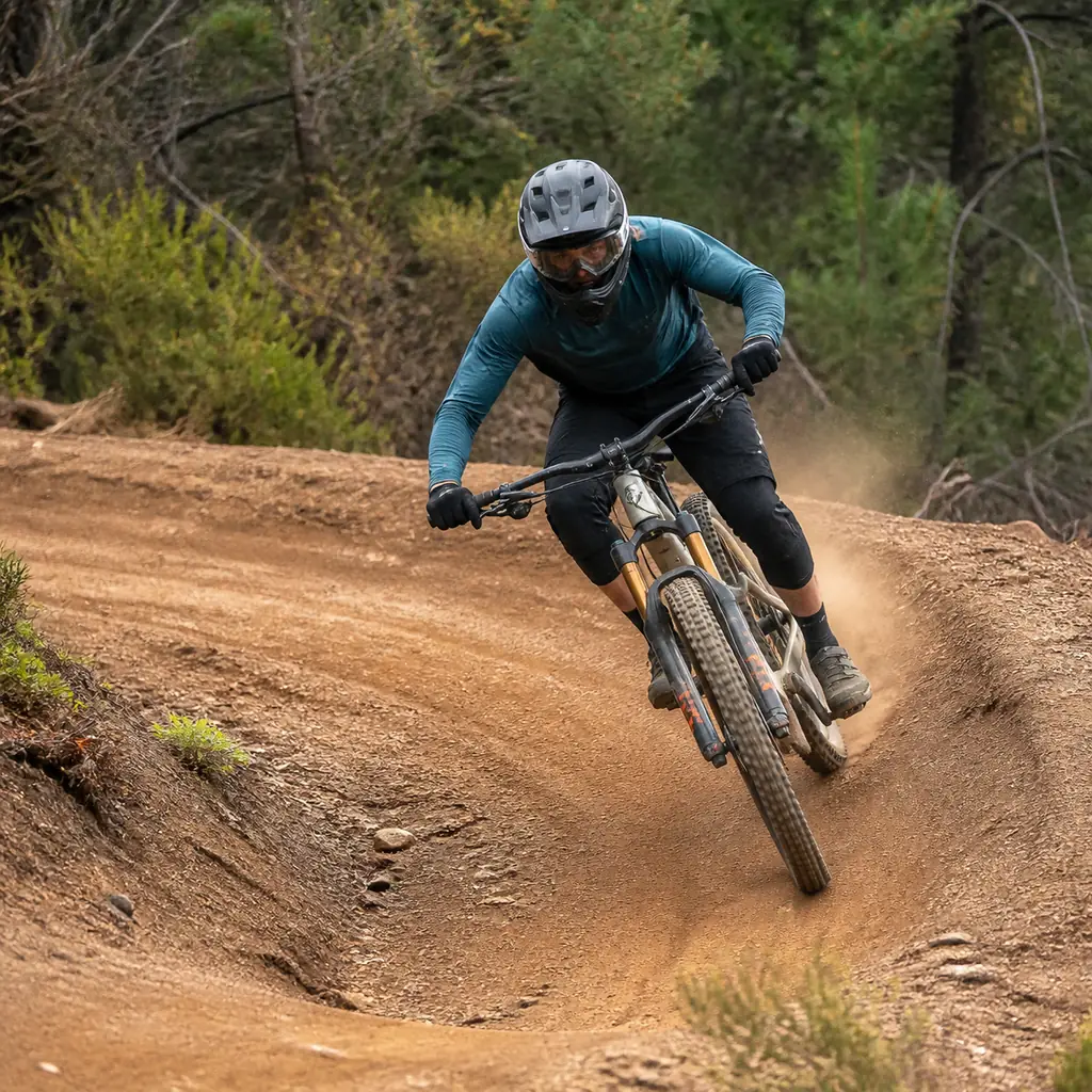Realistic editorial action photo of a skilled mountain biker braking smoothly before a dirt turn with a clean tire line 