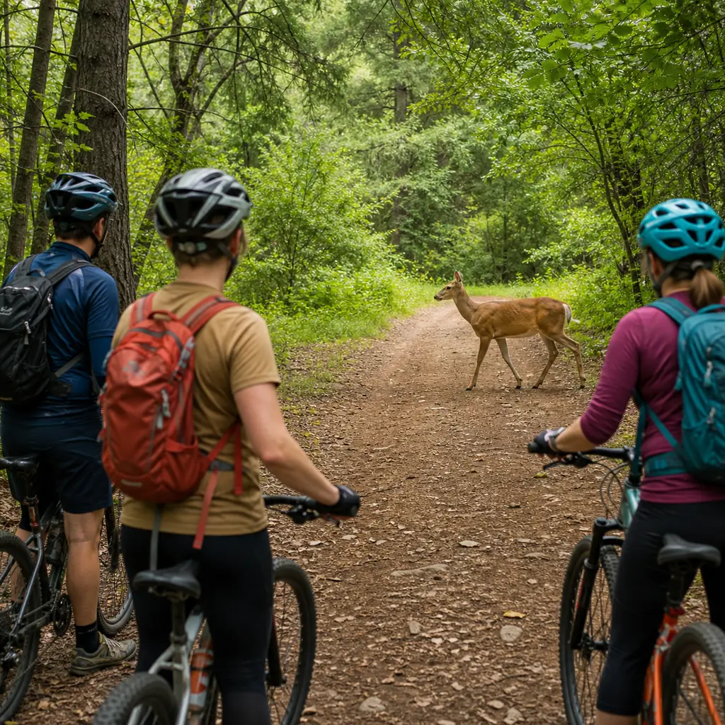 Realistic editorial photo of a small group of cyclists stopped together at a respectful distance from a deer crossing a 