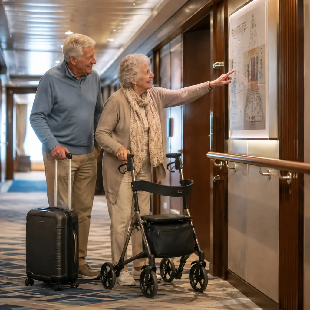 Older couple checking a deck map in a cruise ship corridor