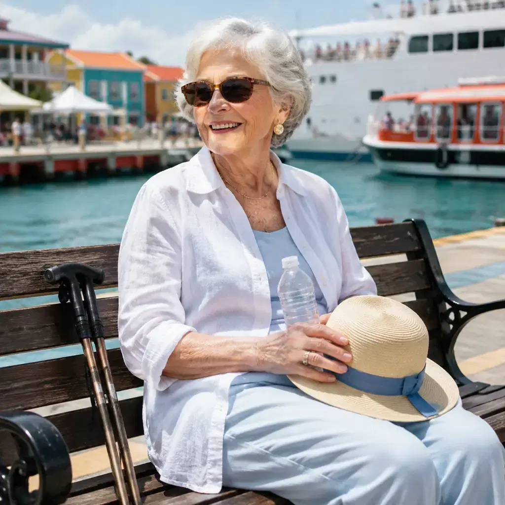 Older woman resting on a harbor bench during a cruise port day