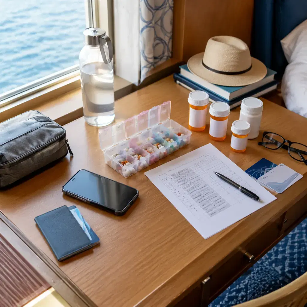 Medication and travel documents organized on a cruise cabin desk