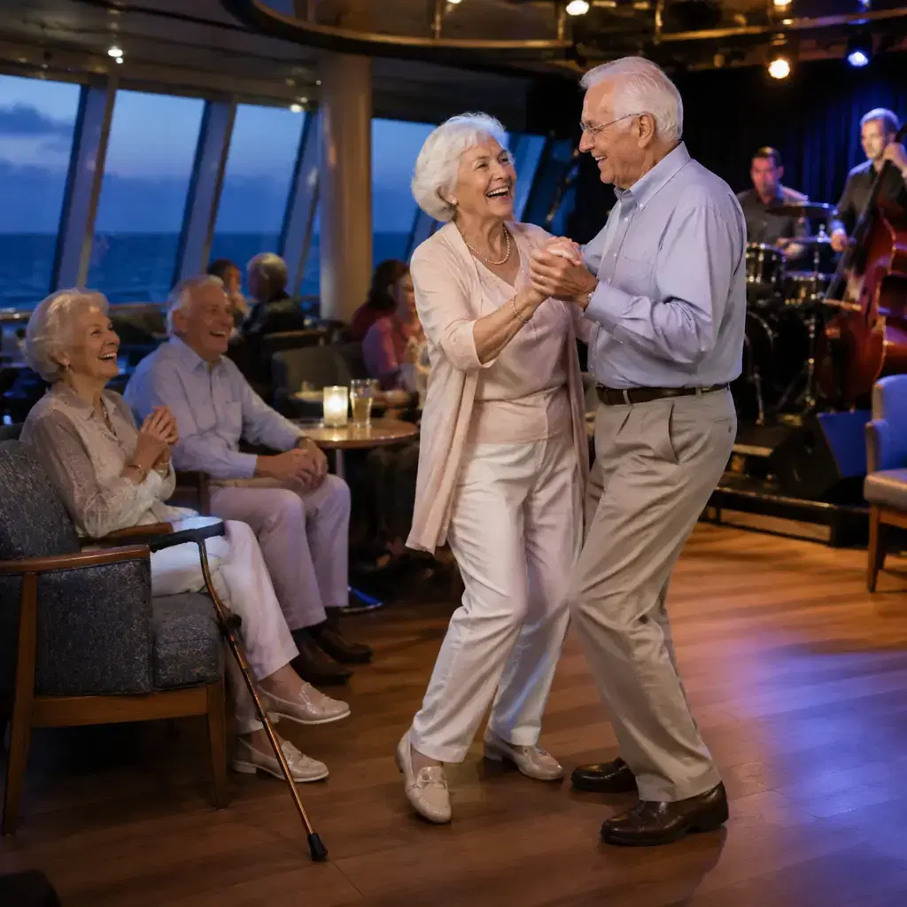 Couple in their eighties dancing in a cruise ship lounge
