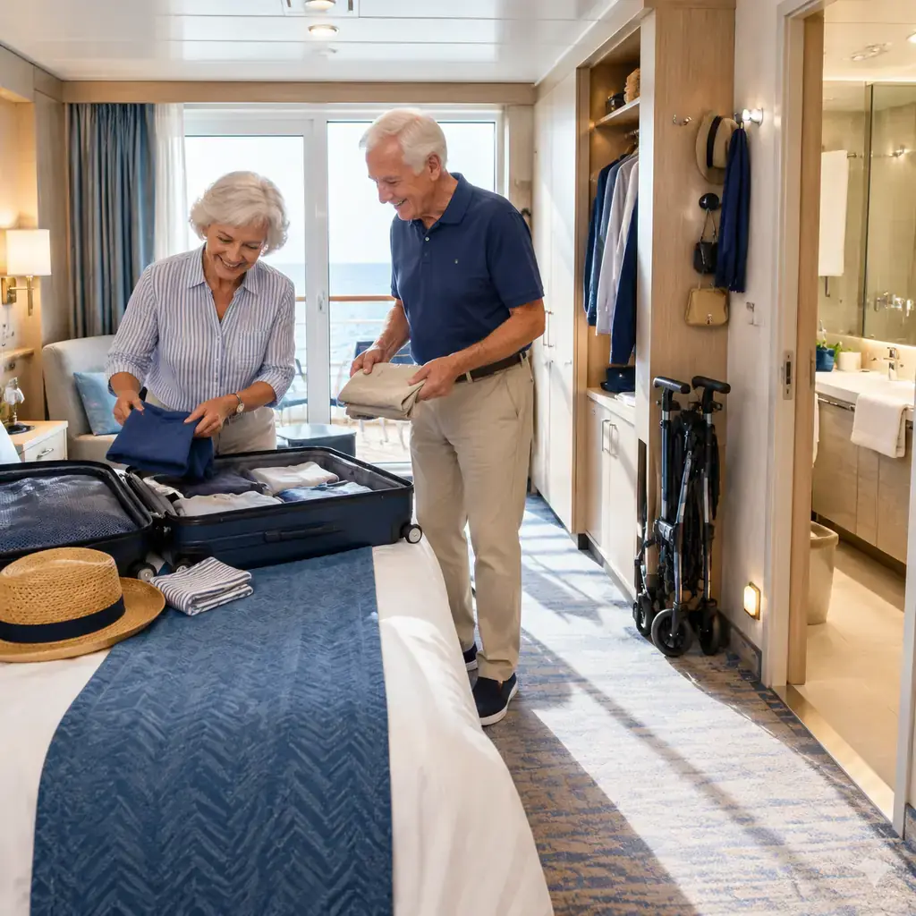Older couple unpacking in a cruise cabin with a clear walking path