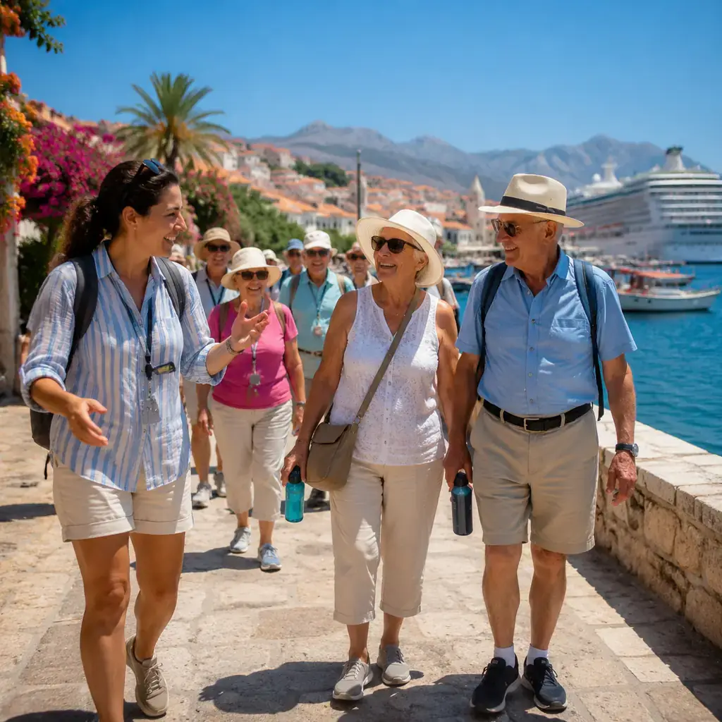 Older travelers walking with a guide along a harbor promenade