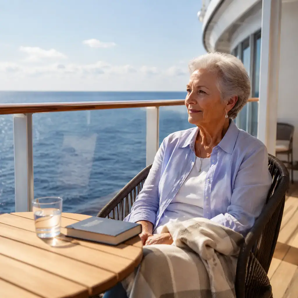 Older woman taking a quiet afternoon break on a cruise balcony