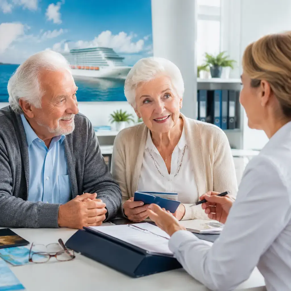 Older couple discussing cruise plans with a healthcare professional