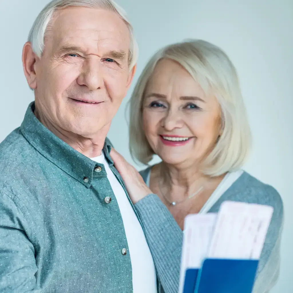 Older couple holding passports and boarding documents before disembarkation