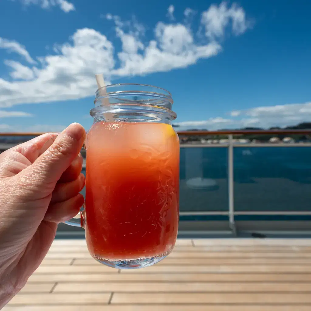 A colourful cold drink held beside the water on a sunny day