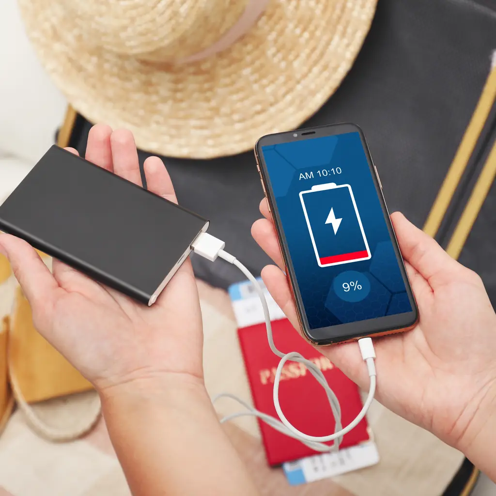 A traveller charging a smartphone from a portable power bank