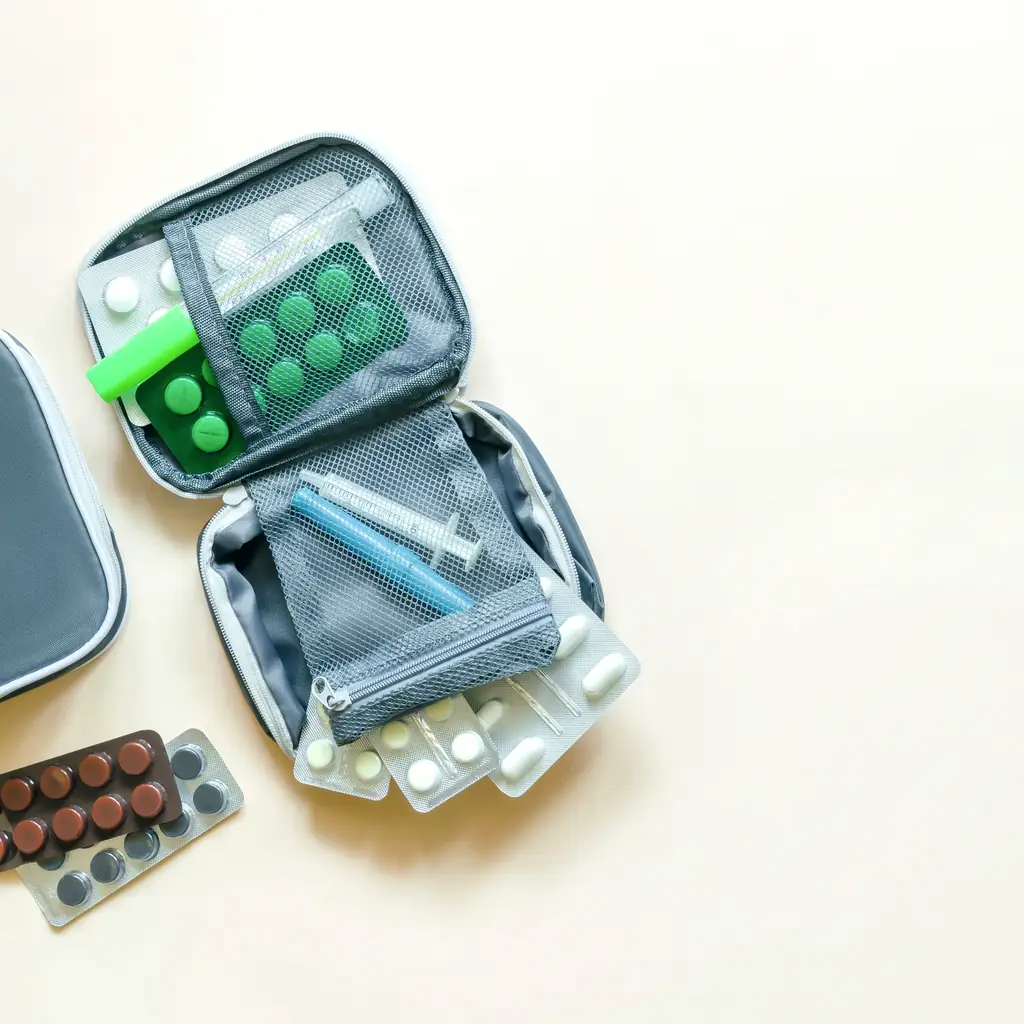 Medicine blister packs organised in a compact travel case