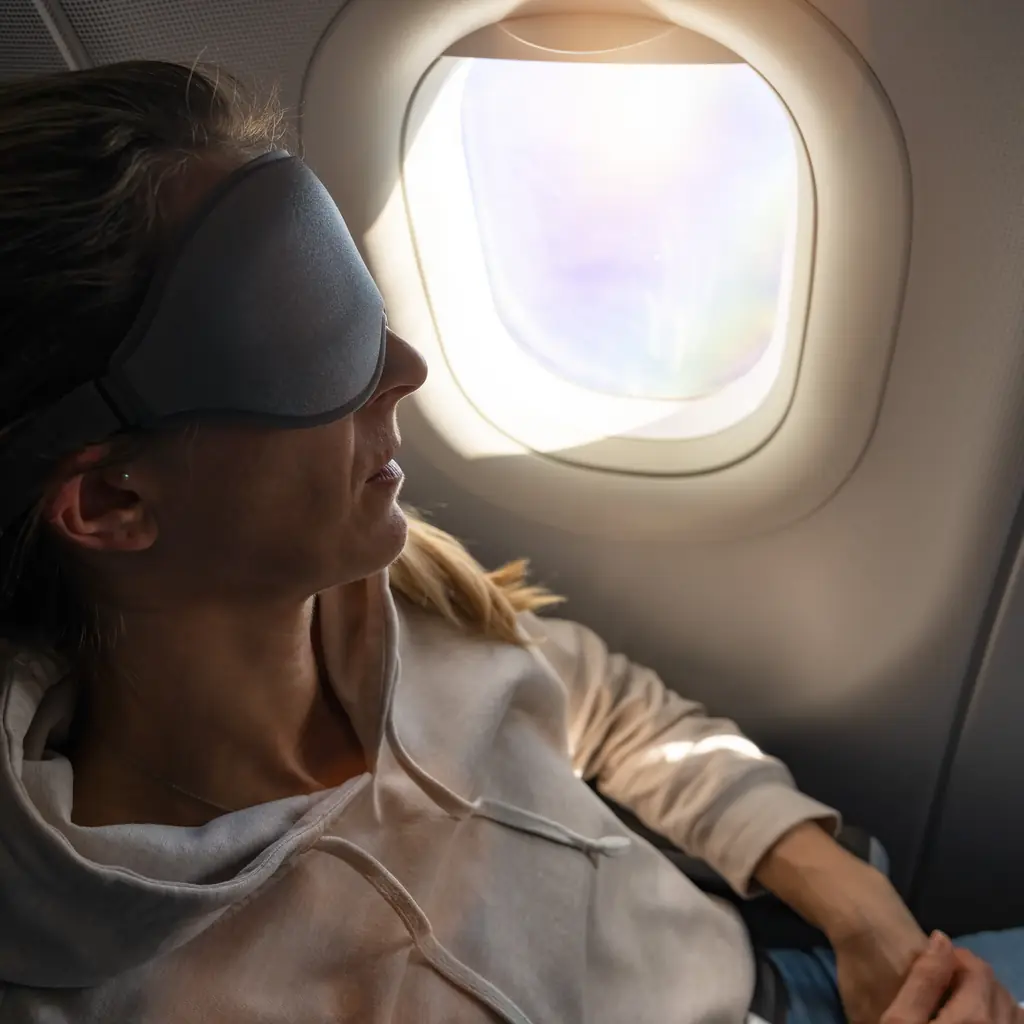 A passenger resting in an aircraft seat while wearing a sleep mask