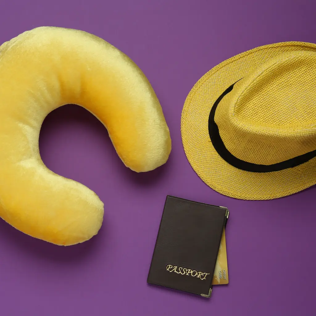 A yellow travel neck pillow beside a hat and passport