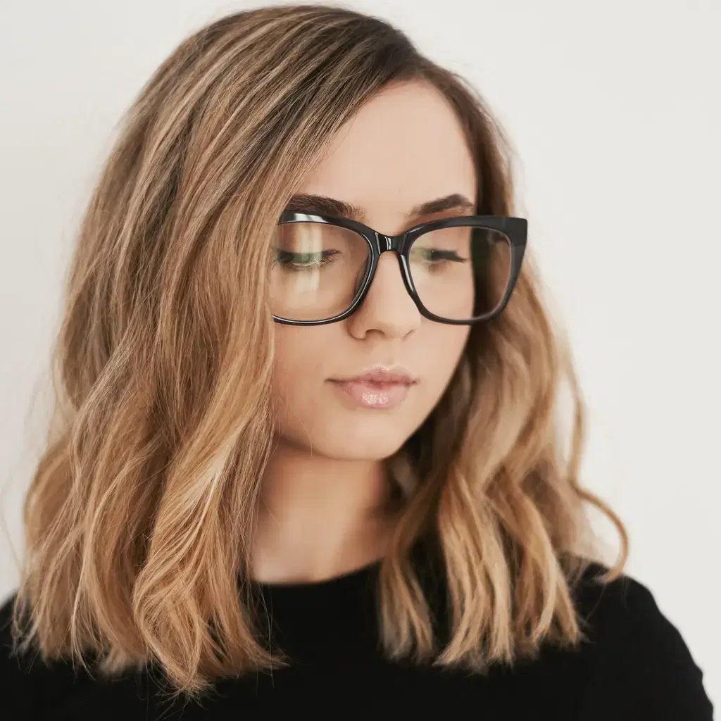 A woman with glasses and a softly waved long bob