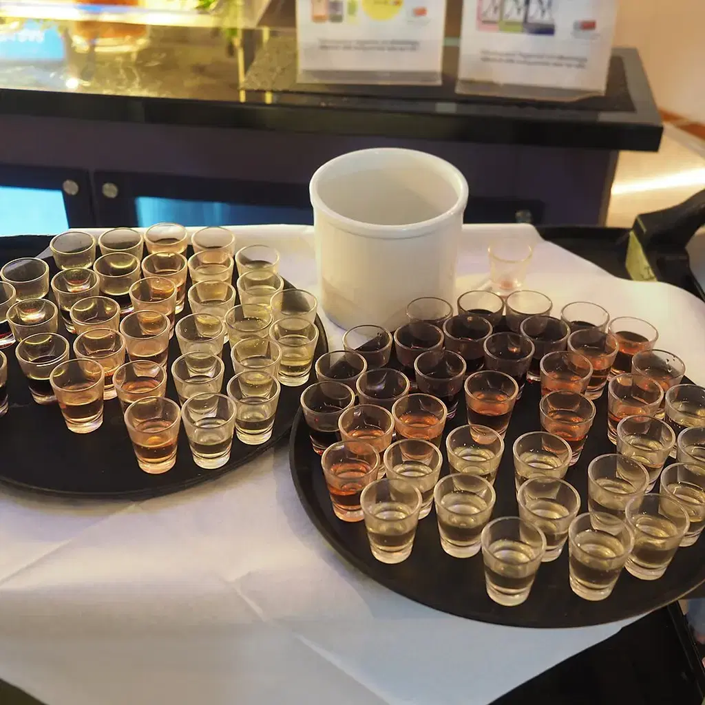 Wine glasses arranged for a tasting aboard Viking XPRS