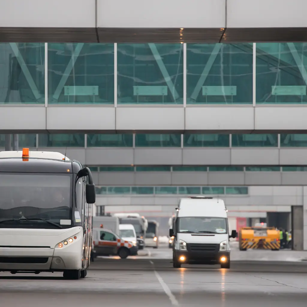 Front view of an airport passenger shuttle bus.