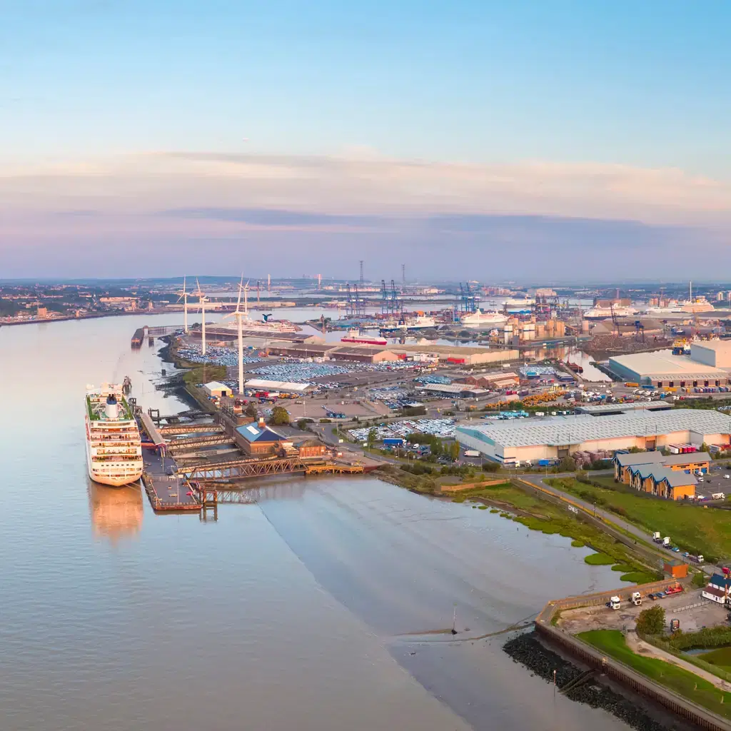 Cruise ship and waterfront at London Cruise Terminal in Tilbury.