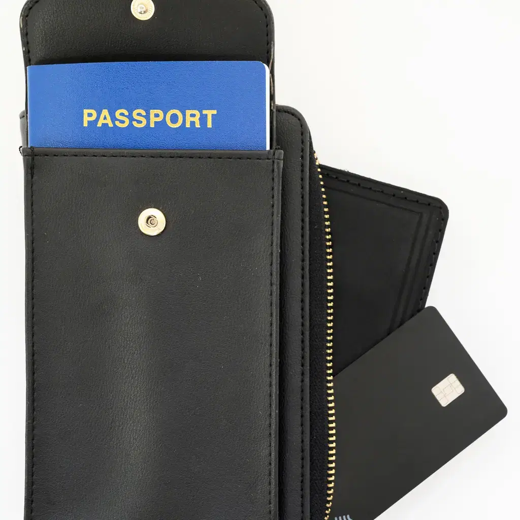 A travel wallet containing a passport and payment cards
