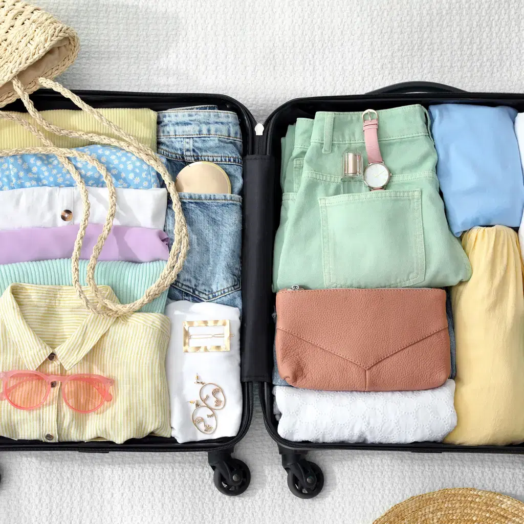 Clothing arranged in compartments inside an open suitcase
