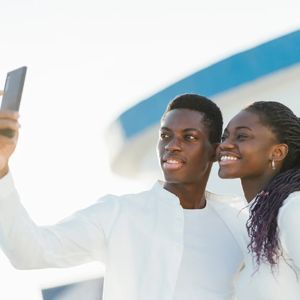 A couple taking a vacation selfie
