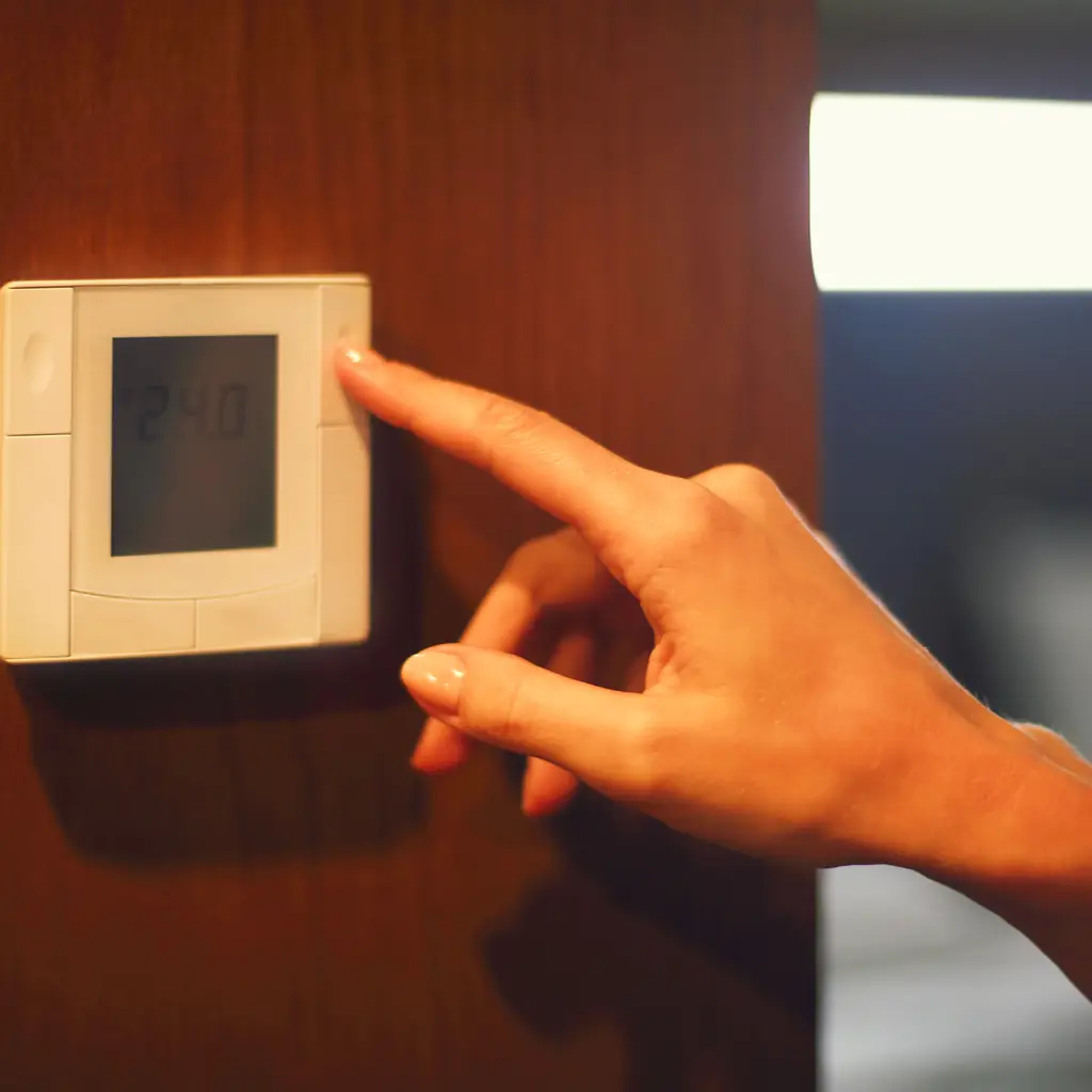 A hand adjusting a wall-mounted temperature control