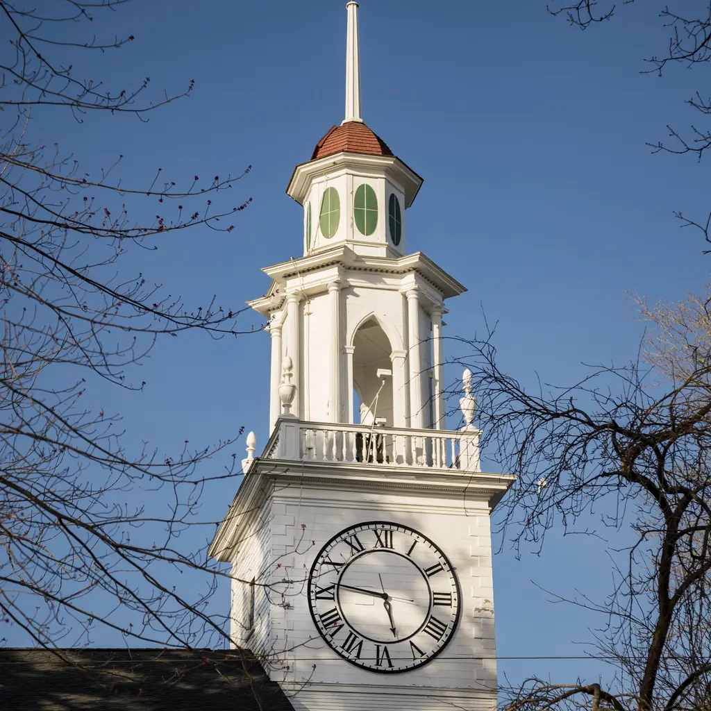 A church clock tower in Kennebunkport, Maine.
