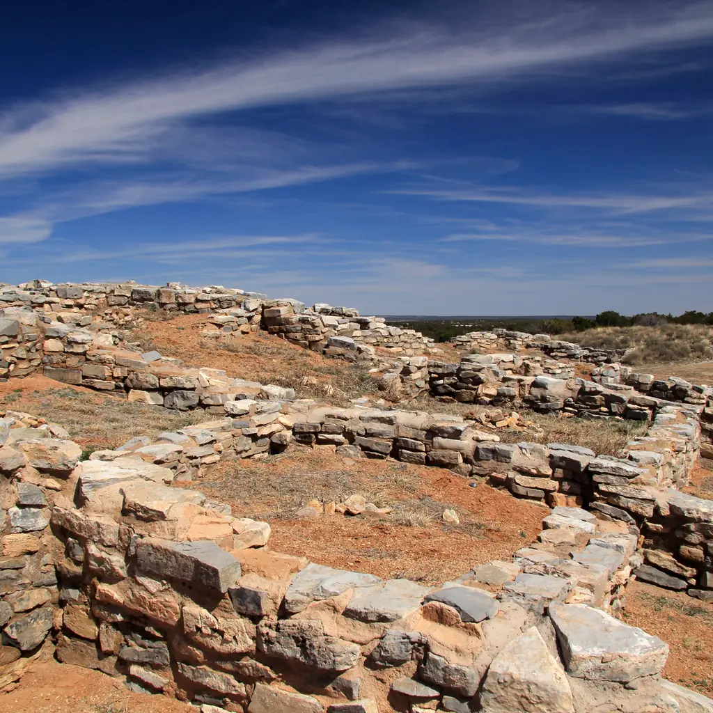 Stone ruins at Gran Quivira, part of Salinas Pueblo Missions National Monument in New Mexico.
