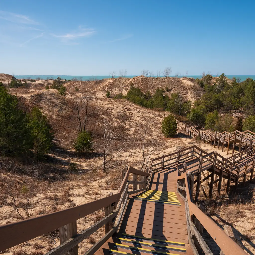 Stairs through sand dunes in Indiana Dunes National Park, Indiana