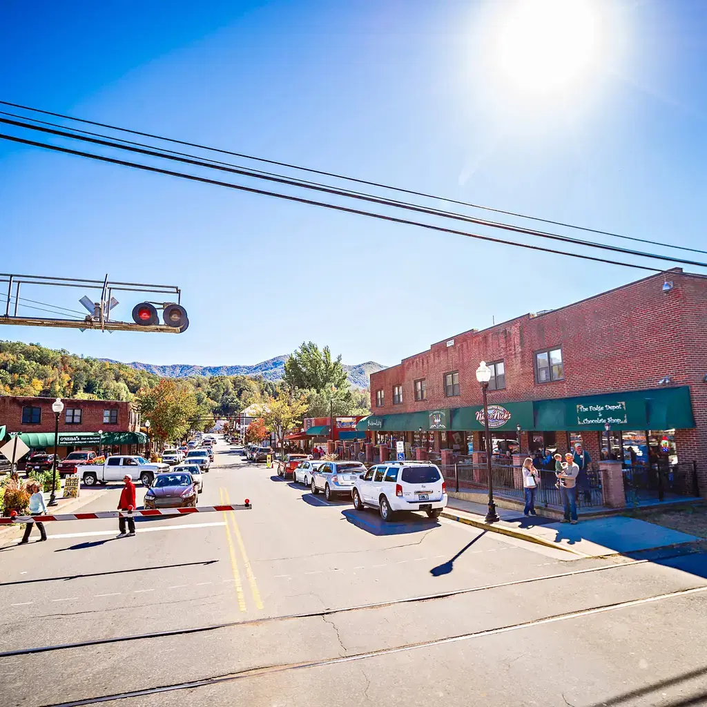 Street and railroad crossing in Bryson City, North Carolina.