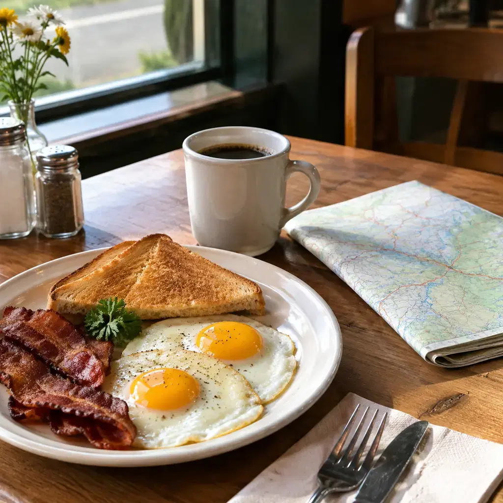 Illustration of a road-trip breakfast and map, not a particular Baker City café.