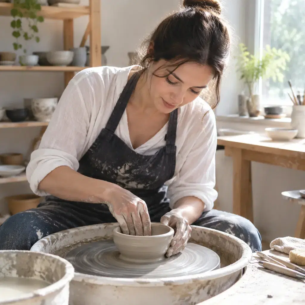 Illustration of a pottery class, not a photograph of a named Idyllwild studio