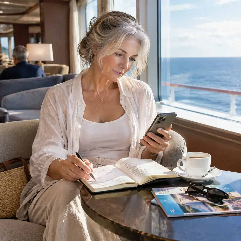 An older traveler in a generic cruise lounge choosing a few activities with a notebook and unbranded phone, sea through window