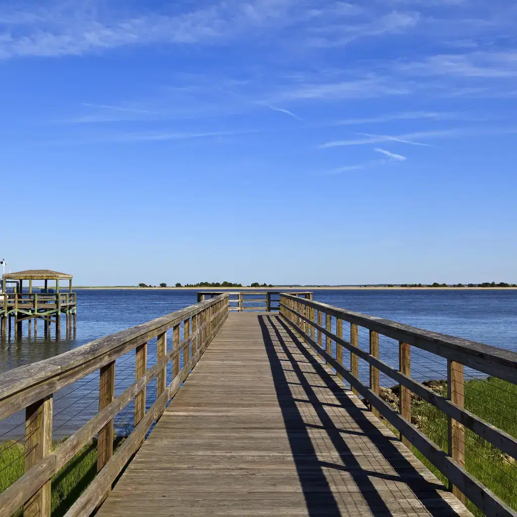 Wooden waterfront boardwalk in Southport, North Carolina.
