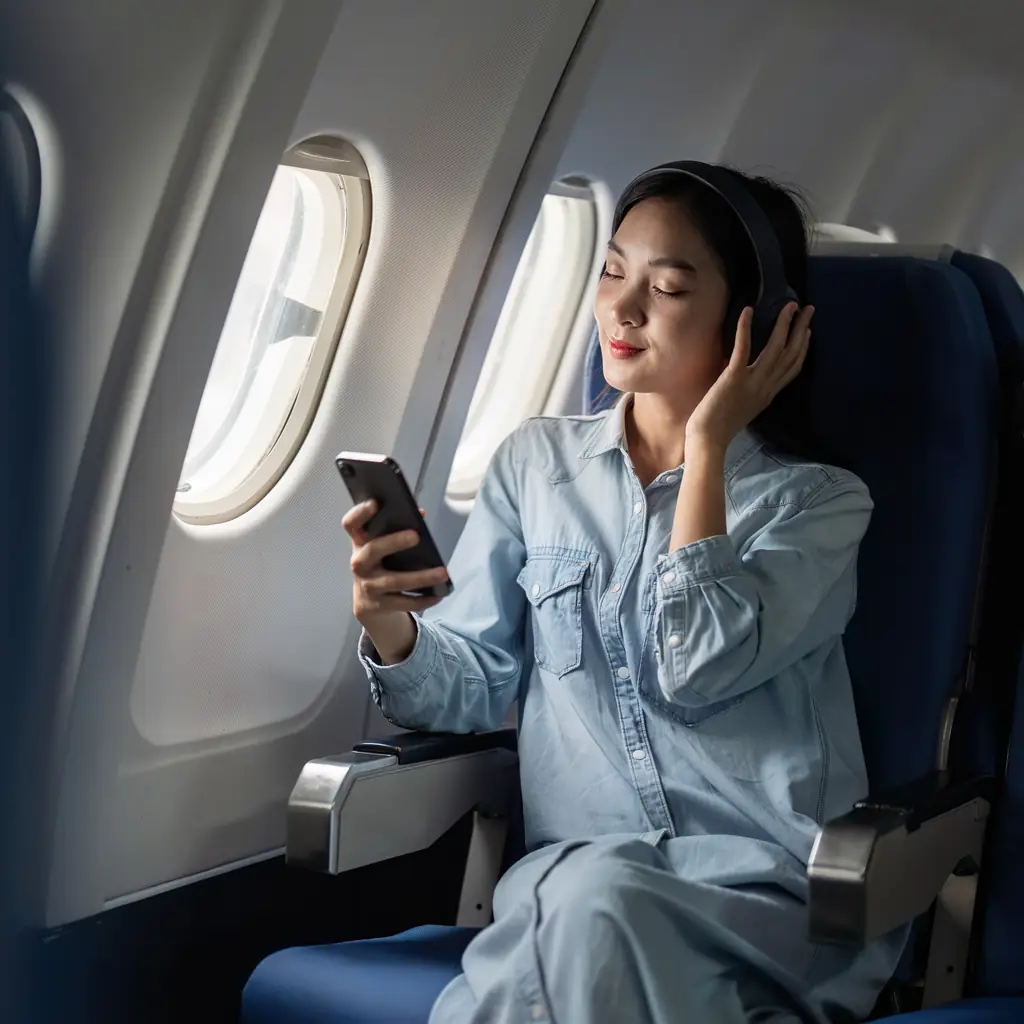 A passenger wearing headphones while using her phone aboard an airplane