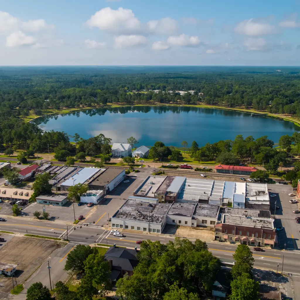 Lake DeFuniak and downtown DeFuniak Springs, Florida, seen from above.