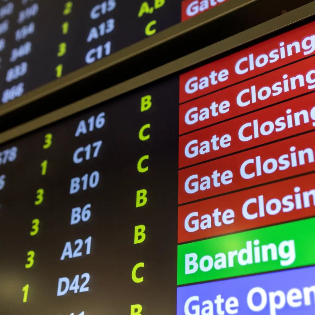 An airport departure board showing flight status